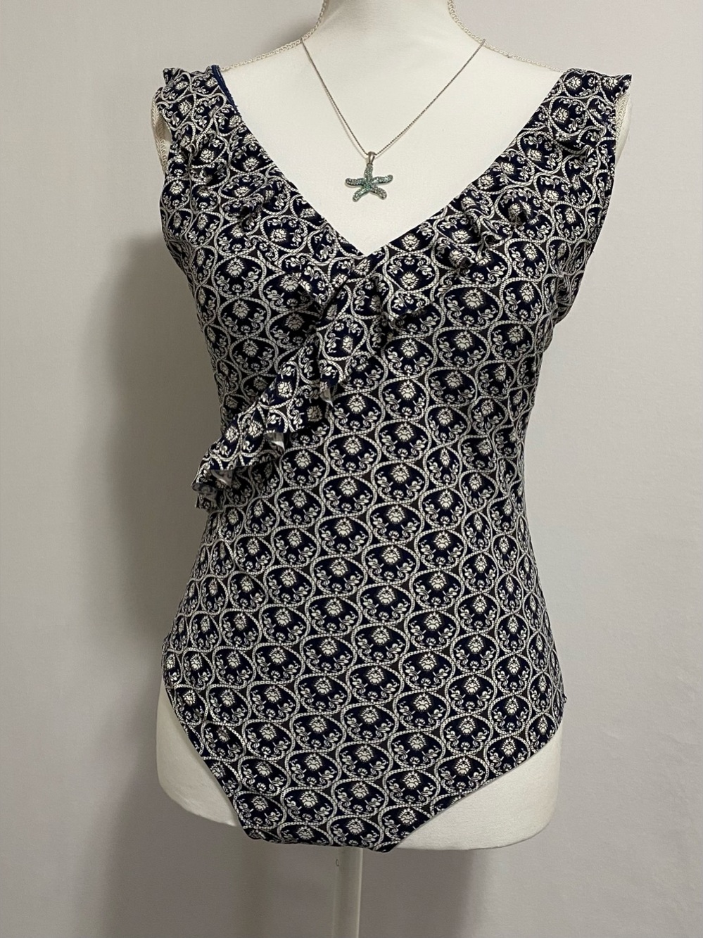 Printed Navy and White Ruffle One-Piece Swimsuit